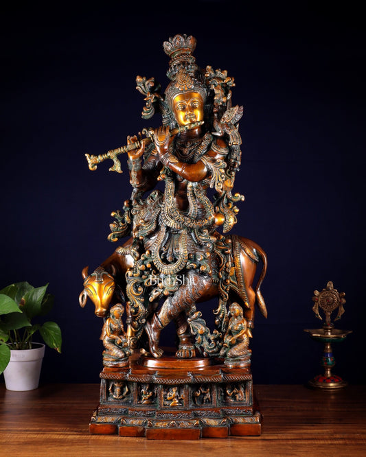 Brass large Krishna with cow statue 28" double chola tone - Budhshiv.com