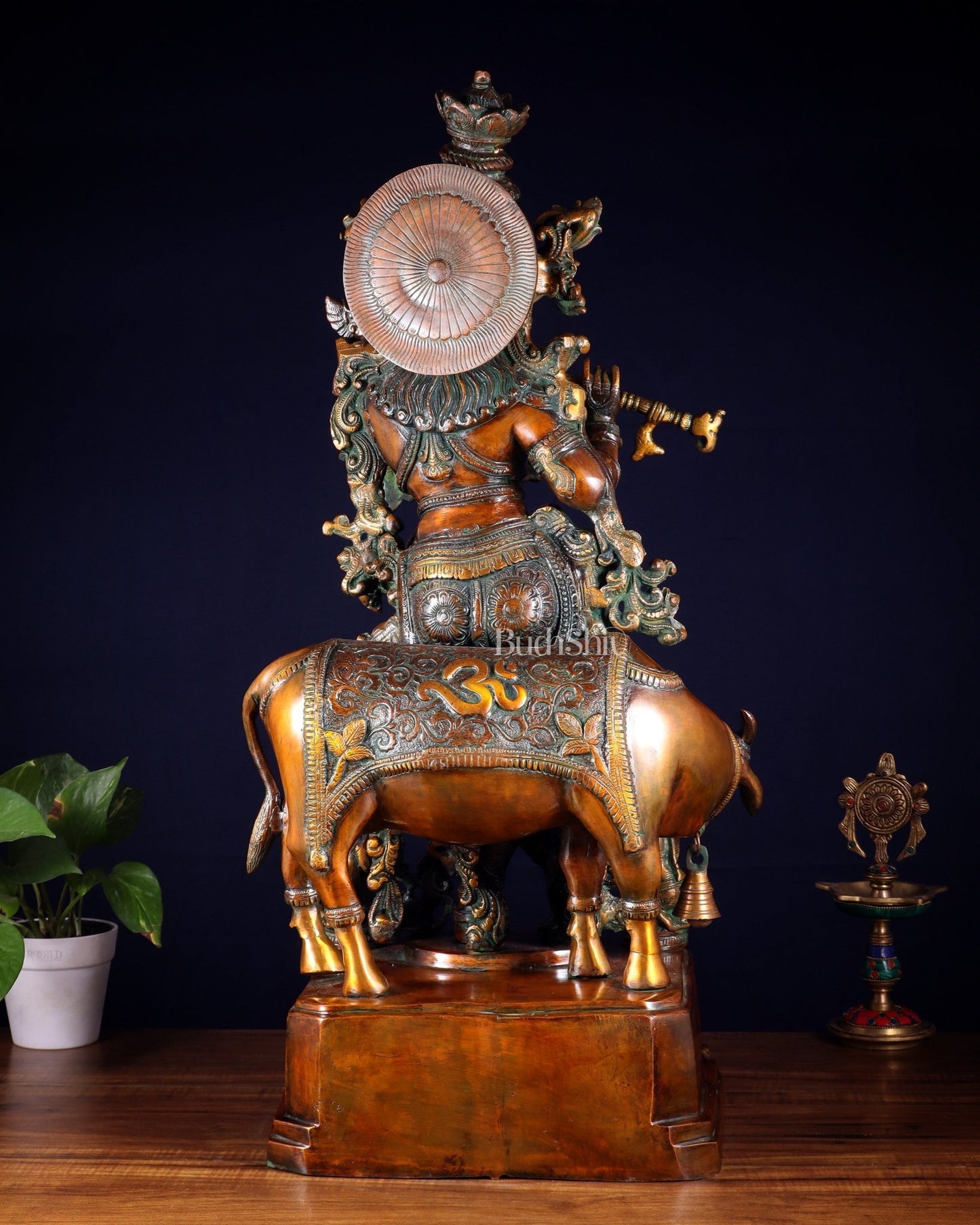 Brass large Krishna with cow statue 28" double chola tone - Budhshiv.com