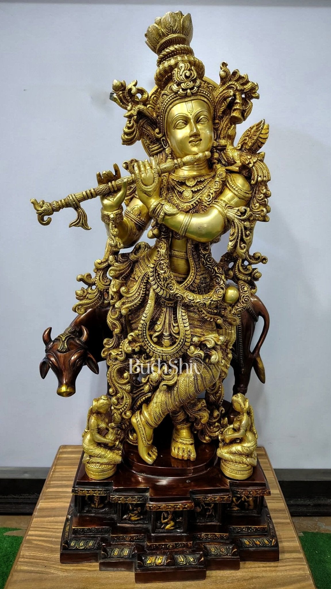 Brass large Krishna with cow statue 28" - Budhshiv.com