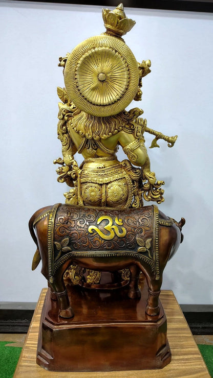 Brass large Krishna with cow statue 28" - Budhshiv.com