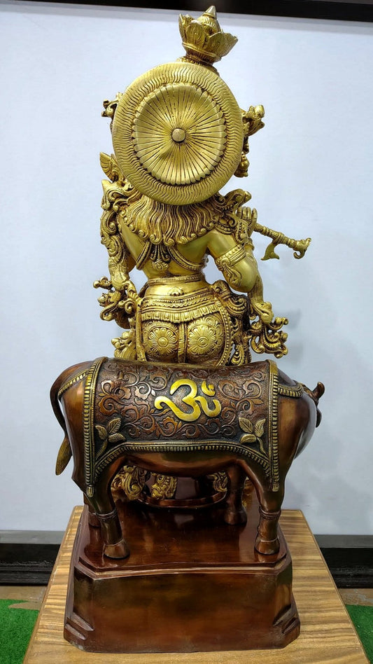 Brass large Krishna with cow statue 28" - Budhshiv.com