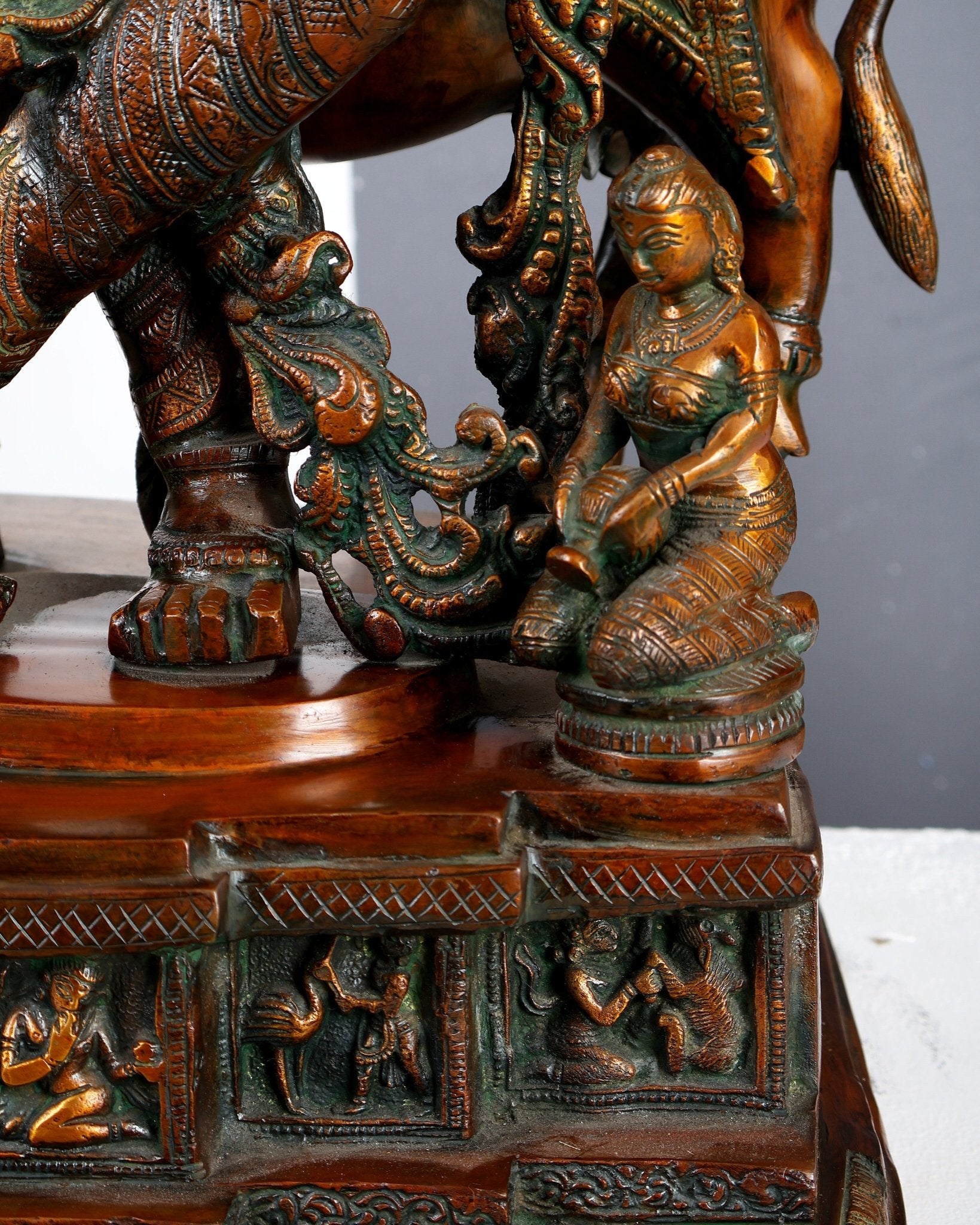 Brass large Krishna with cow statue 29 inch Antique bronze tone - Budhshiv.com