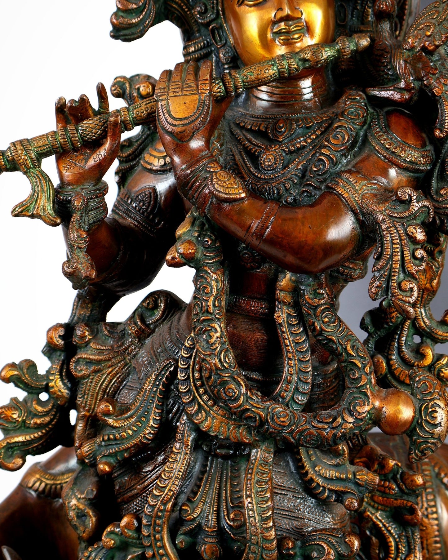 Brass large Krishna with cow statue 29 inch Antique bronze tone - Budhshiv.com