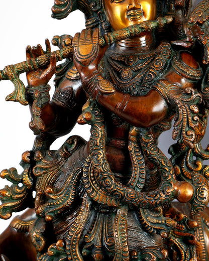 Brass large Krishna with cow statue 29 inch Antique bronze tone - Budhshiv.com
