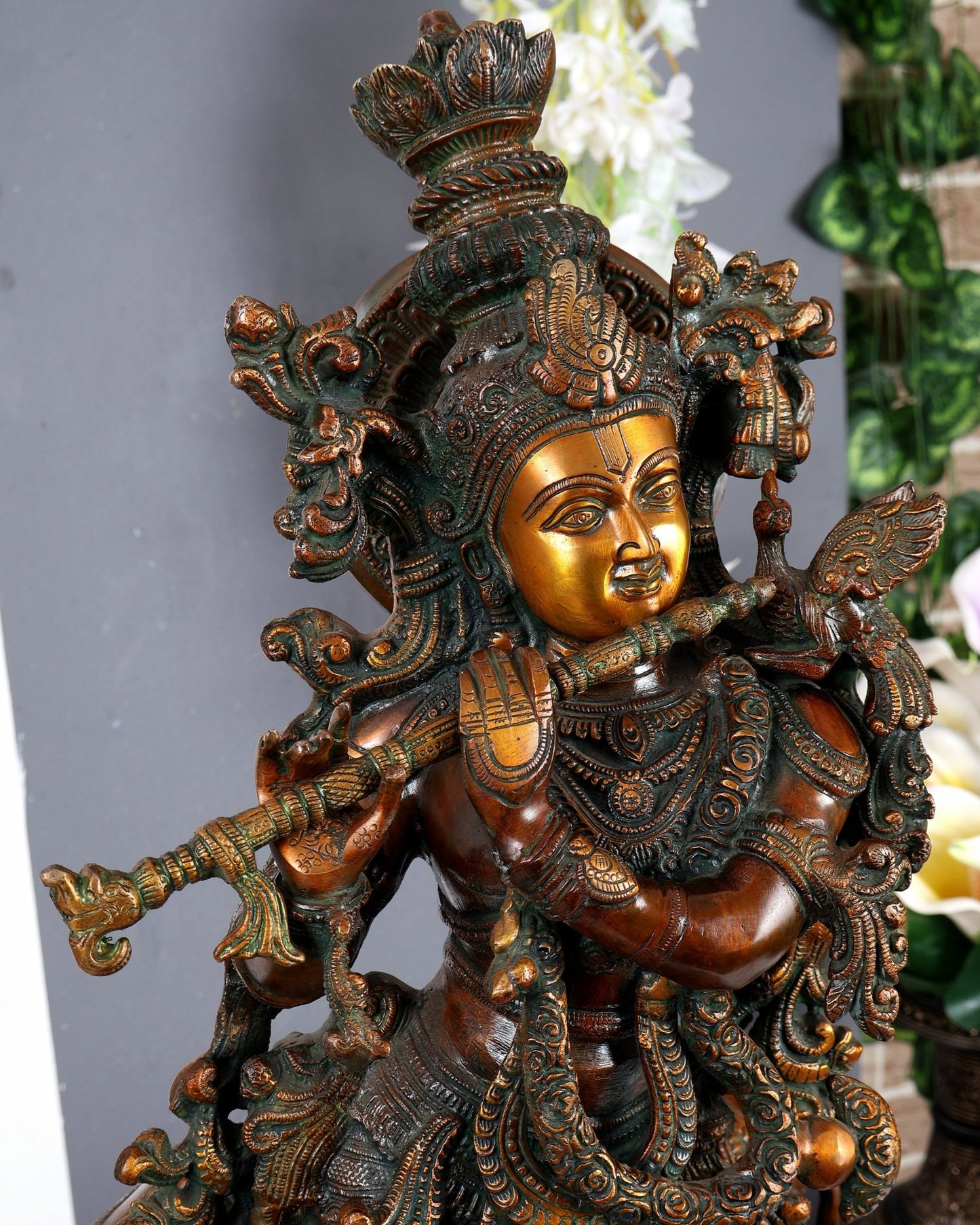 Brass large Krishna with cow statue 29 inch Antique bronze tone - Budhshiv.com