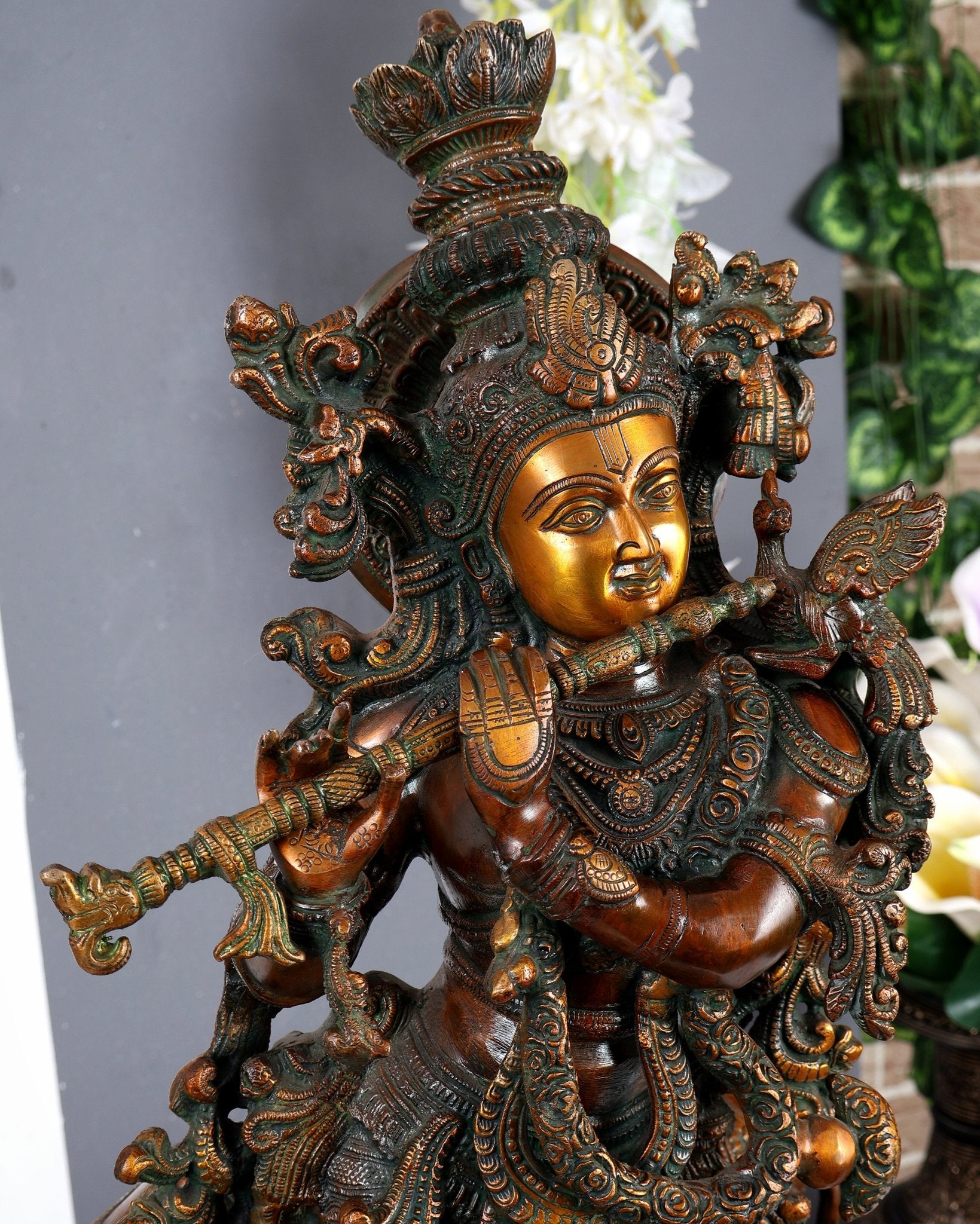 Brass large Krishna with cow statue 29 inch Antique bronze tone - Budhshiv.com