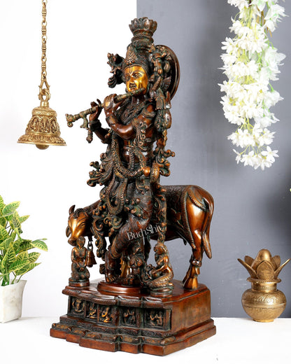 Brass large Krishna with cow statue 29 inch Antique bronze tone - Budhshiv.com