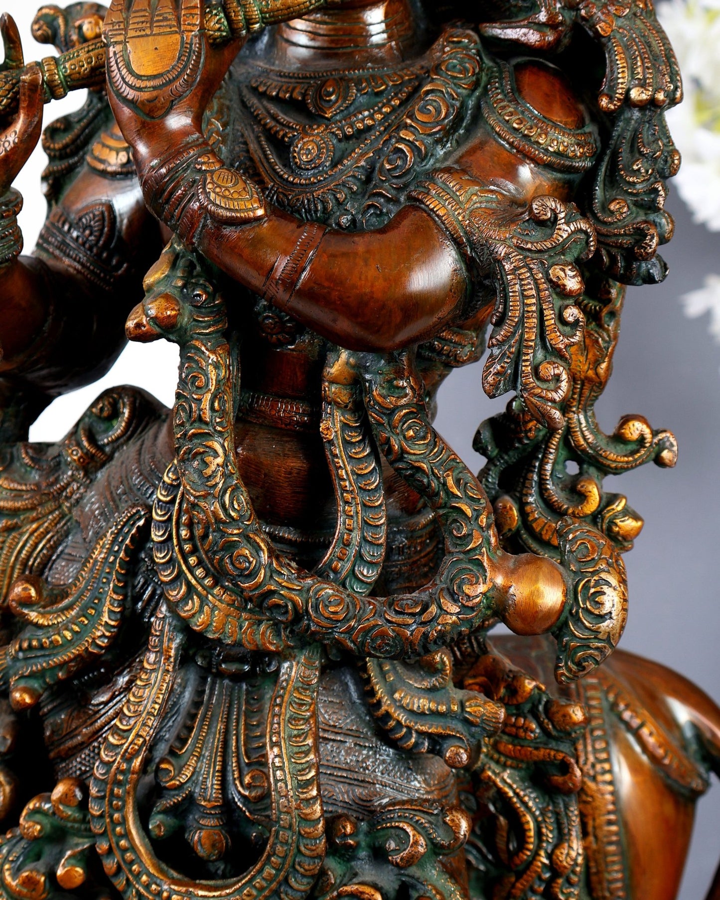 Brass large Krishna with cow statue 29 inch Antique bronze tone - Budhshiv.com
