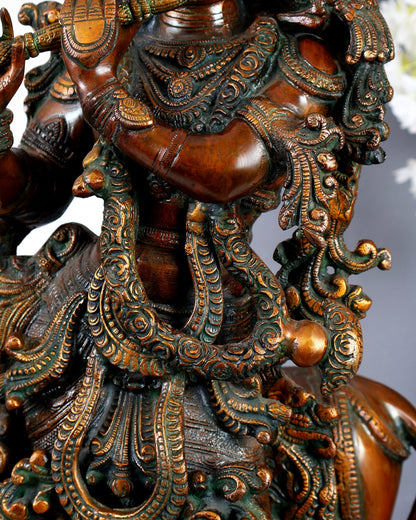 Brass large Krishna with cow statue 29 inch Antique bronze tone - Budhshiv.com