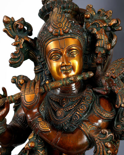 Brass large Krishna with cow statue 29 inch Antique bronze tone - Budhshiv.com