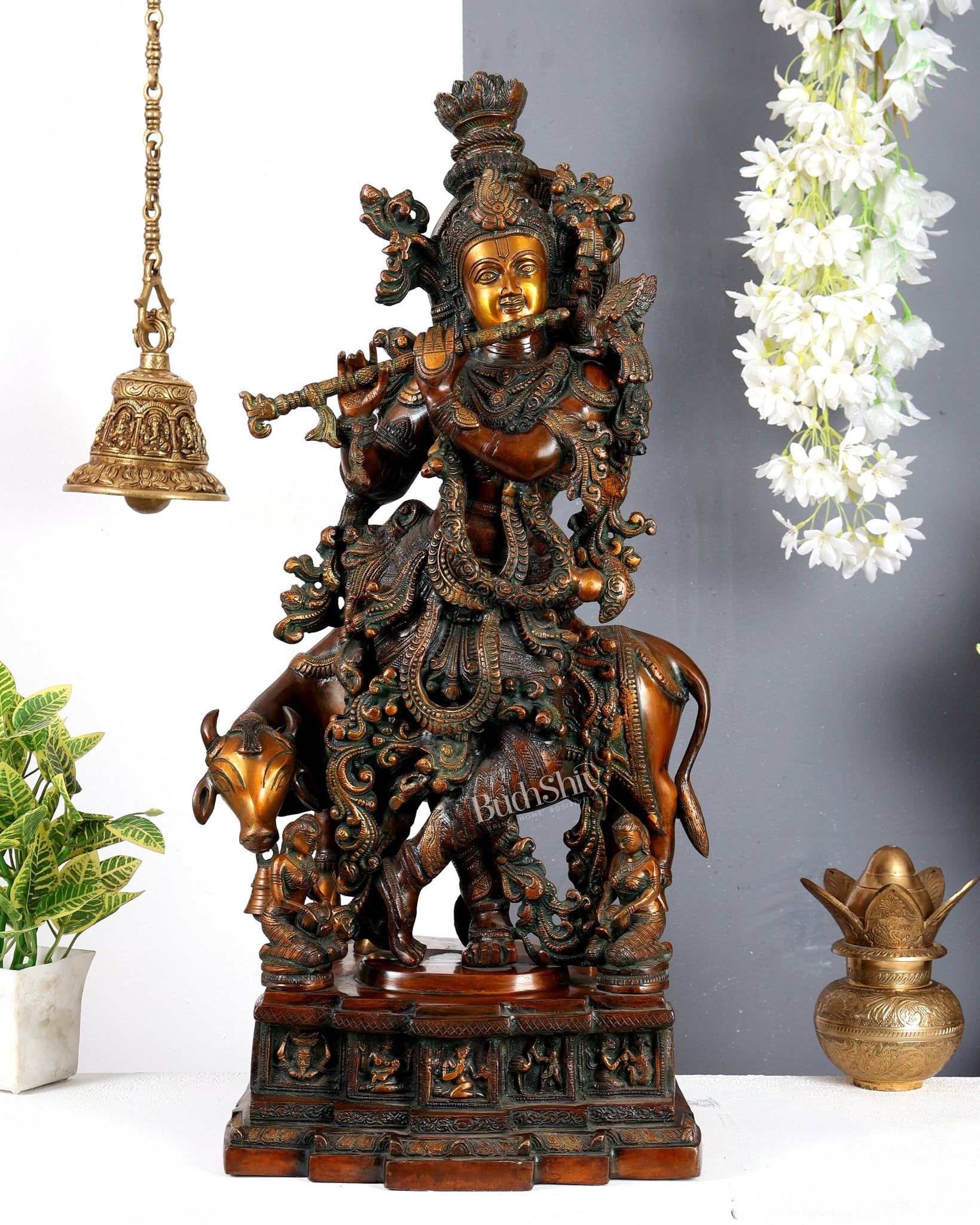 Brass large Krishna with cow statue 29 inch Antique bronze tone - Budhshiv.com