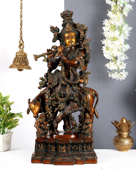 Brass large Krishna with cow statue 29 inch Antique bronze tone - Budhshiv.com