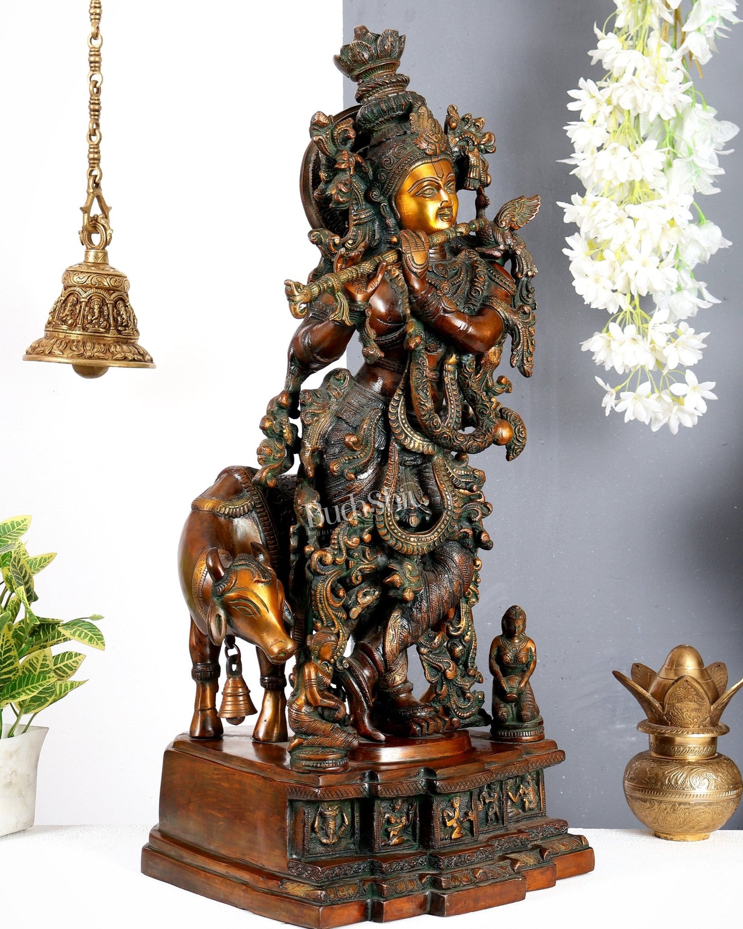 Brass large Krishna with cow statue 29 inch Antique bronze tone - Budhshiv.com