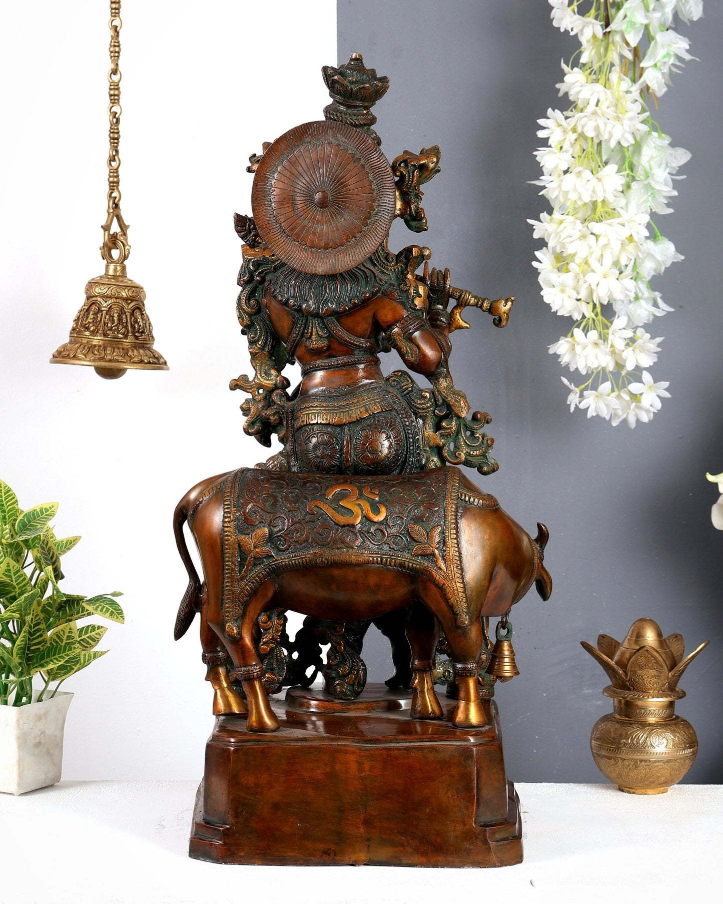 Brass large Krishna with cow statue 29 inch Antique bronze tone - Budhshiv.com