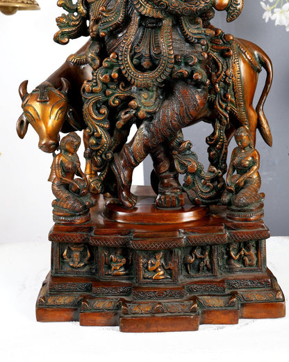 Brass large Krishna with cow statue 29 inch Antique bronze tone - Budhshiv.com