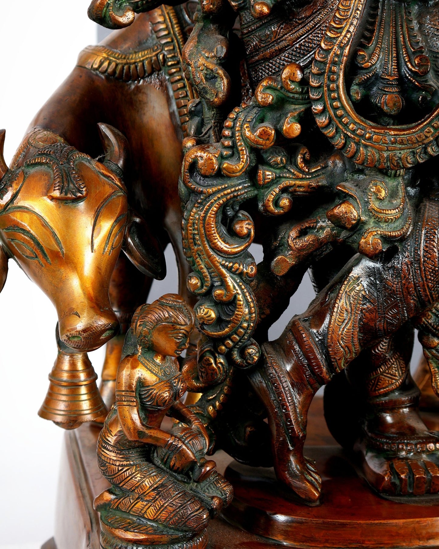 Brass large Krishna with cow statue 29 inch Antique bronze tone - Budhshiv.com