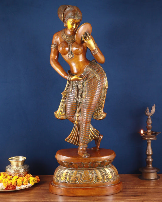 Brass Large Lady with Mirror Sculpture – Handcrafted Masterpiece, 36 Inch - Budhshiv.com