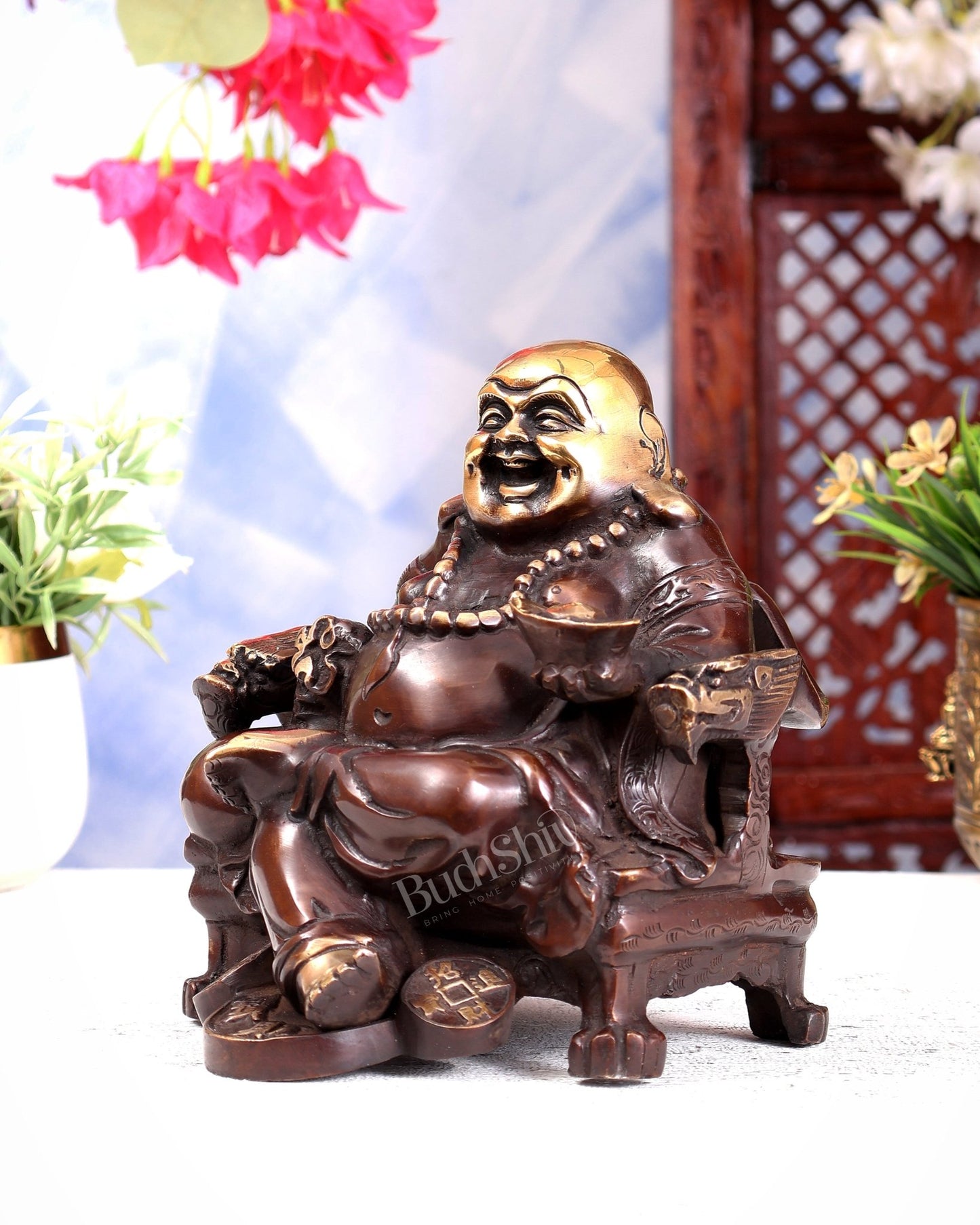 Brass Large Laughing Buddha on Throne – Brown Tone Feng Shui Statue 7 inch - Budhshiv.com