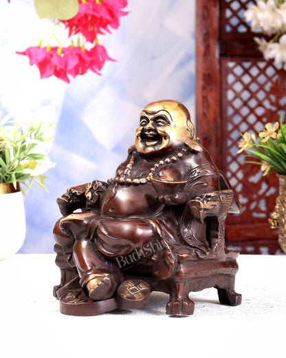 Brass Large Laughing Buddha on Throne – Brown Tone Feng Shui Statue 7 inch - Budhshiv.com