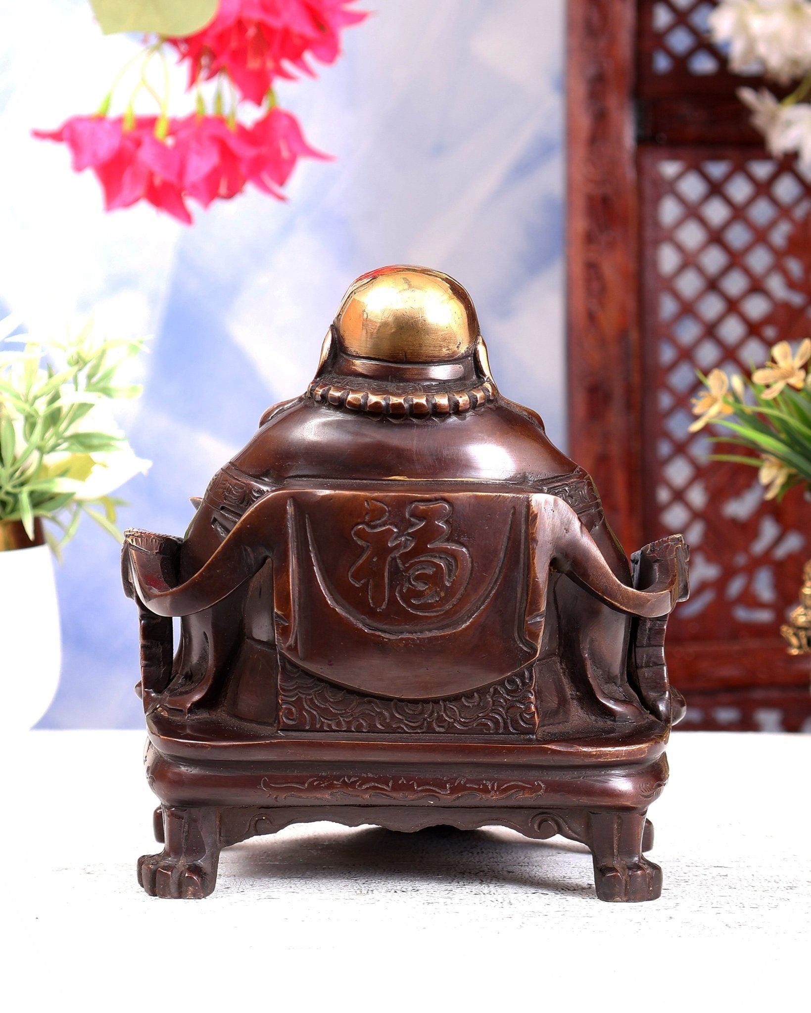 Brass Large Laughing Buddha on Throne – Brown Tone Feng Shui Statue 7 inch - Budhshiv.com