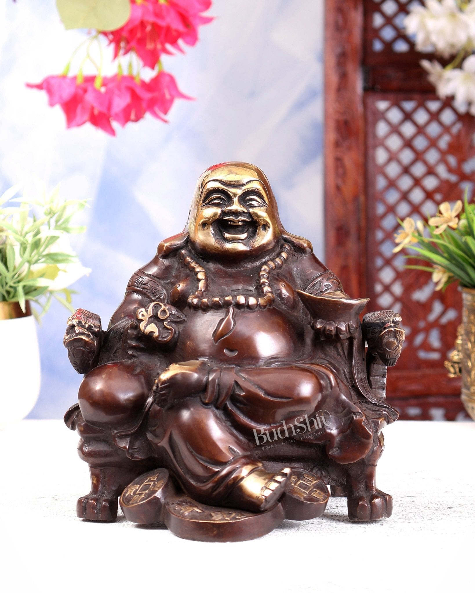 Brass Large Laughing Buddha on Throne – Brown Tone Feng Shui Statue 7 inch - Budhshiv.com