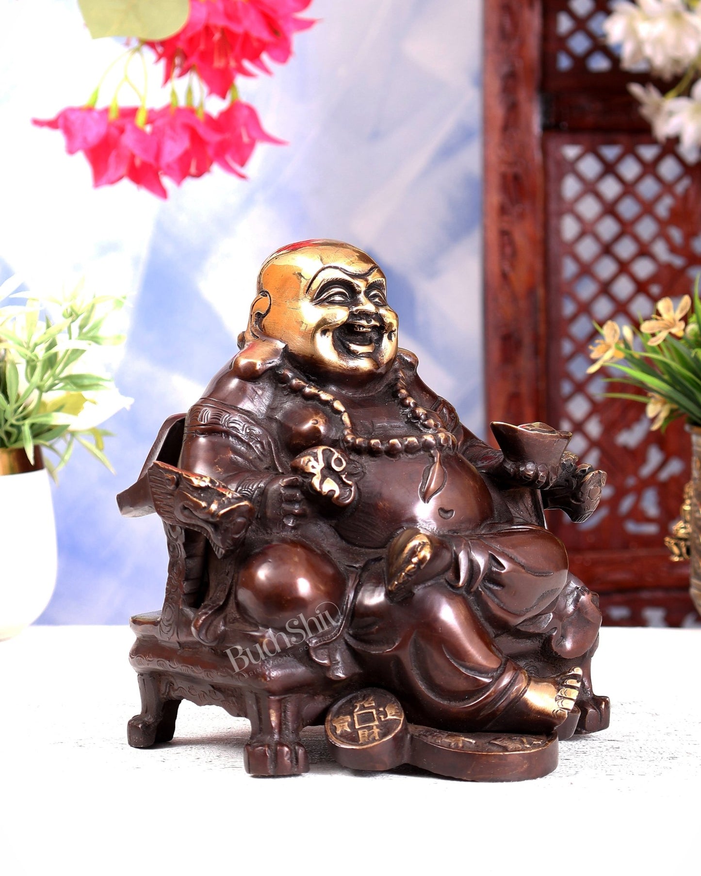 Brass Large Laughing Buddha on Throne – Brown Tone Feng Shui Statue 7 inch - Budhshiv.com