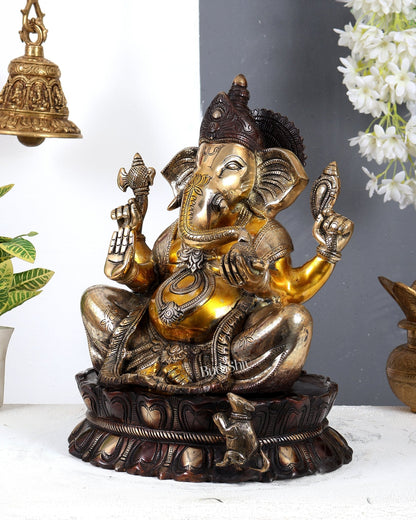 Brass Large Lord Ganesha Statue on Lotus Base 14" three tone finish - Budhshiv.com