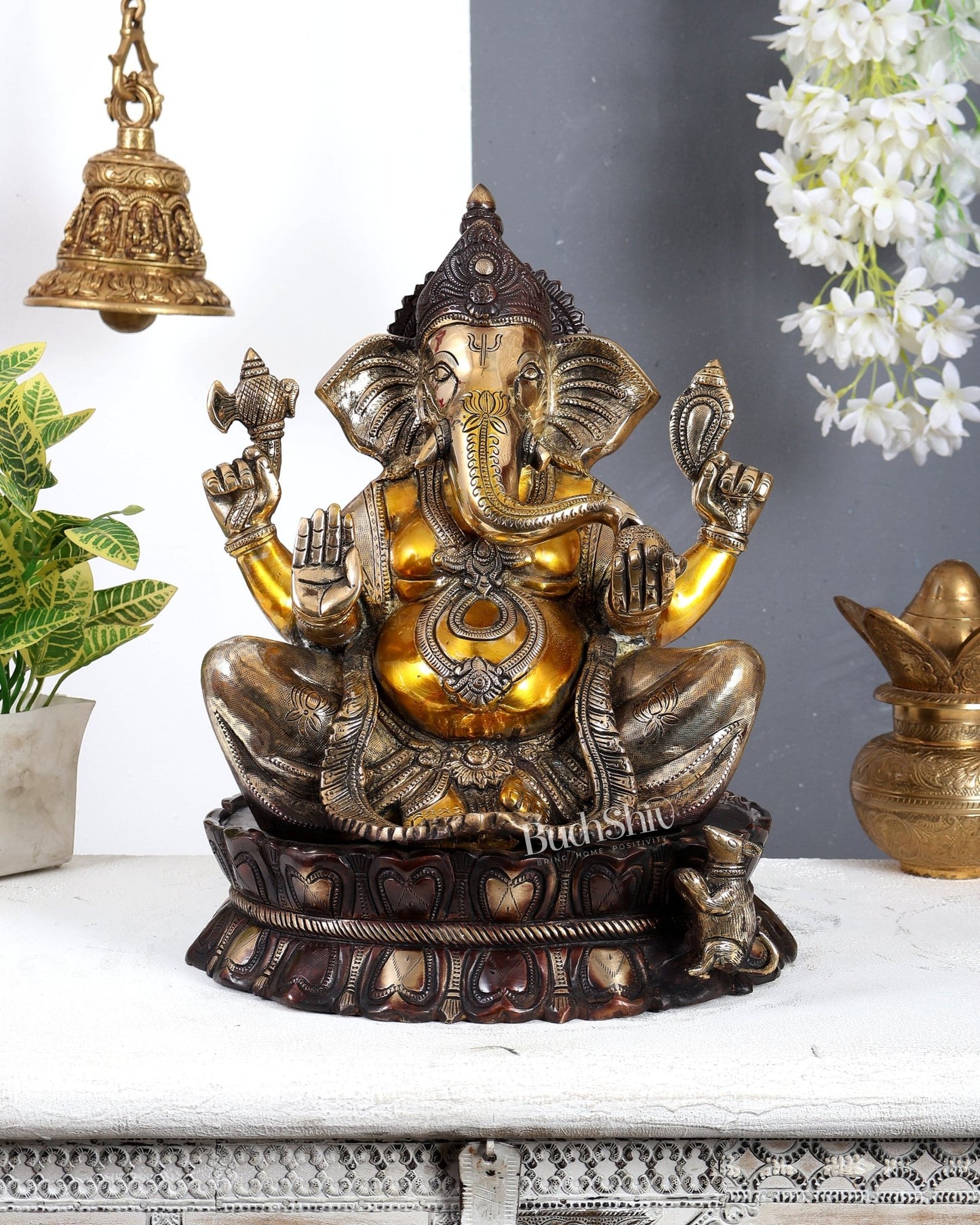 Brass Large Lord Ganesha Statue on Lotus Base 14" three tone finish - Budhshiv.com