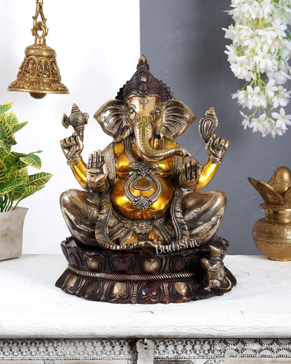 Brass Large Lord Ganesha Statue on Lotus Base 14" three tone finish - Budhshiv.com