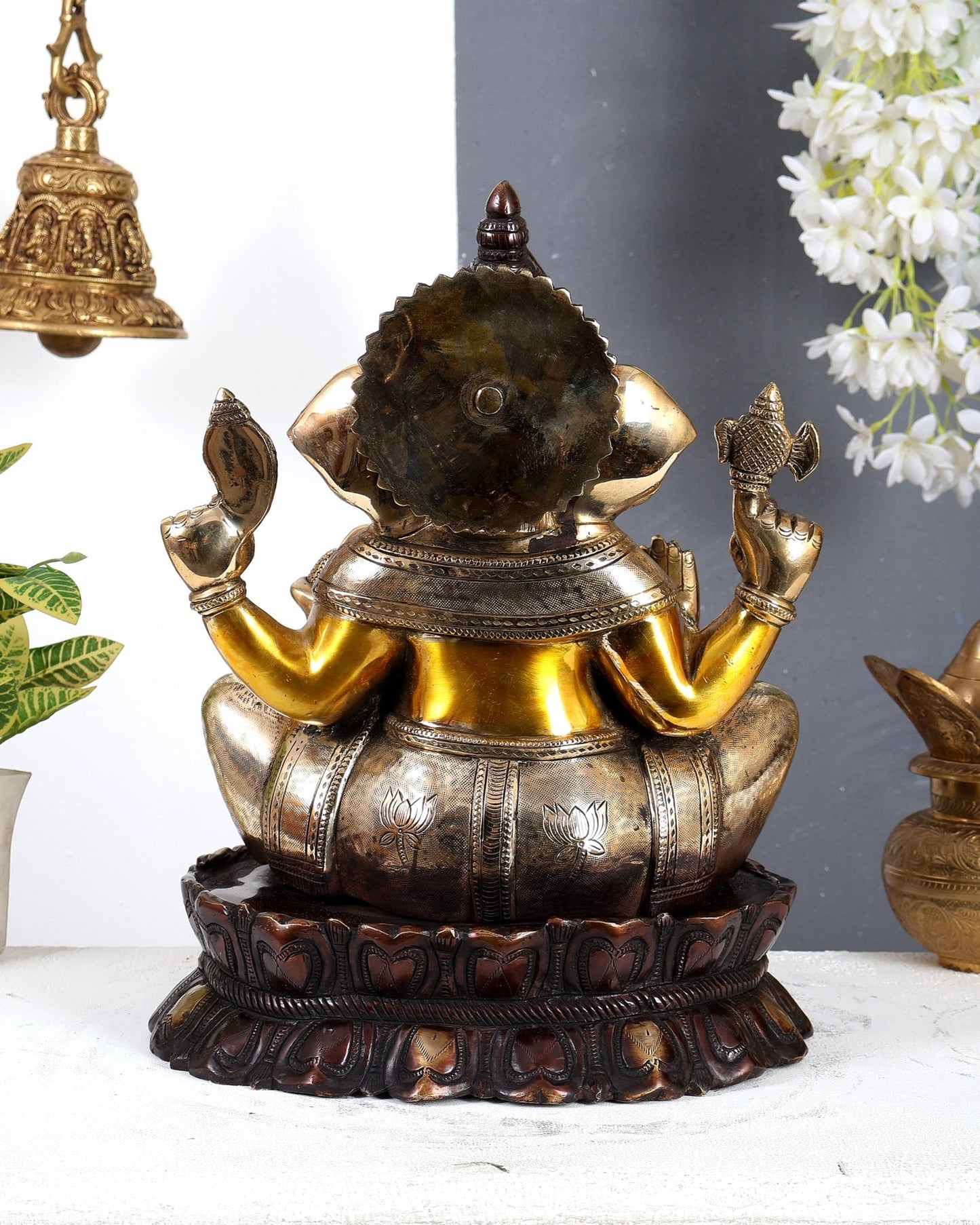 Brass Large Lord Ganesha Statue on Lotus Base 14" three tone finish - Budhshiv.com