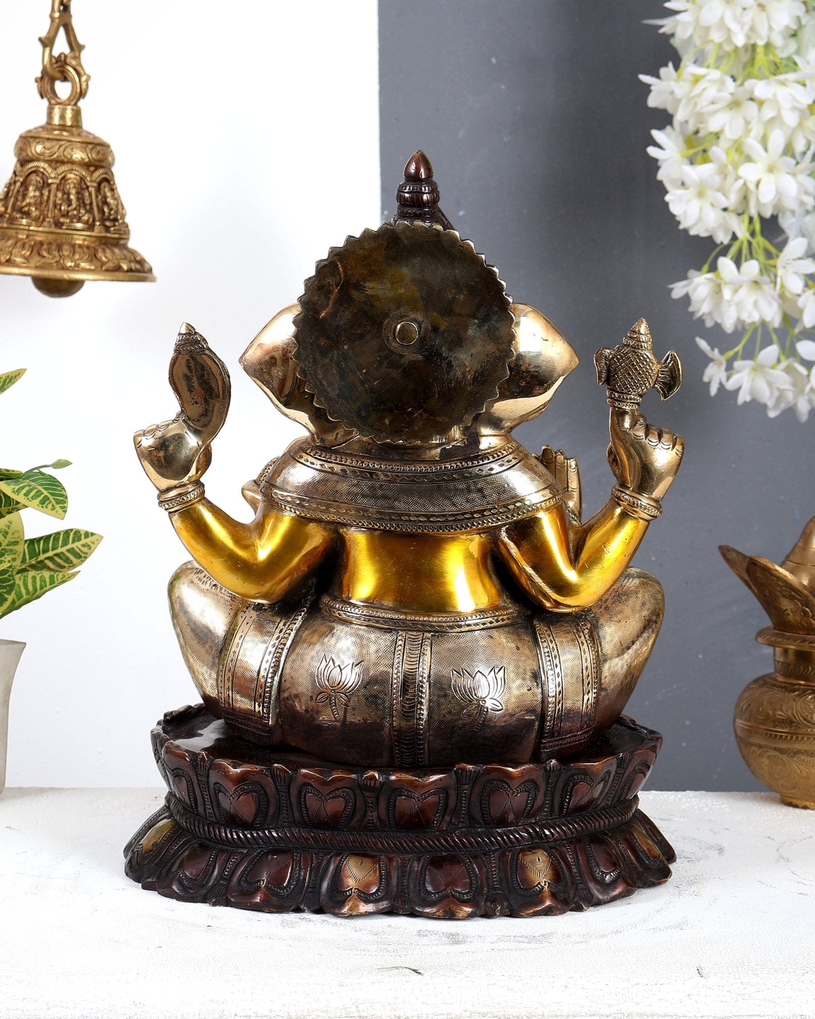 Brass Large Lord Ganesha Statue on Lotus Base 14" three tone finish - Budhshiv.com