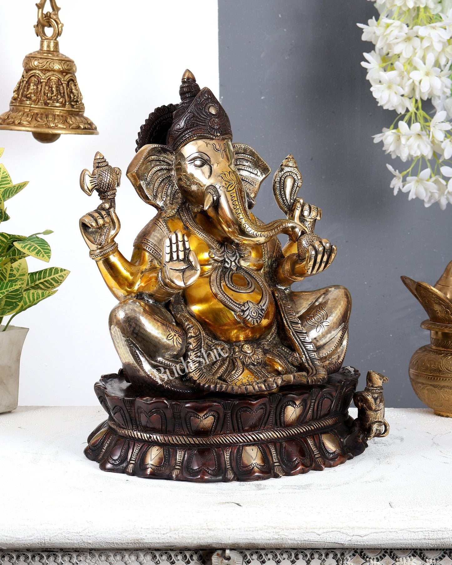 Brass Large Lord Ganesha Statue on Lotus Base 14" three tone finish - Budhshiv.com