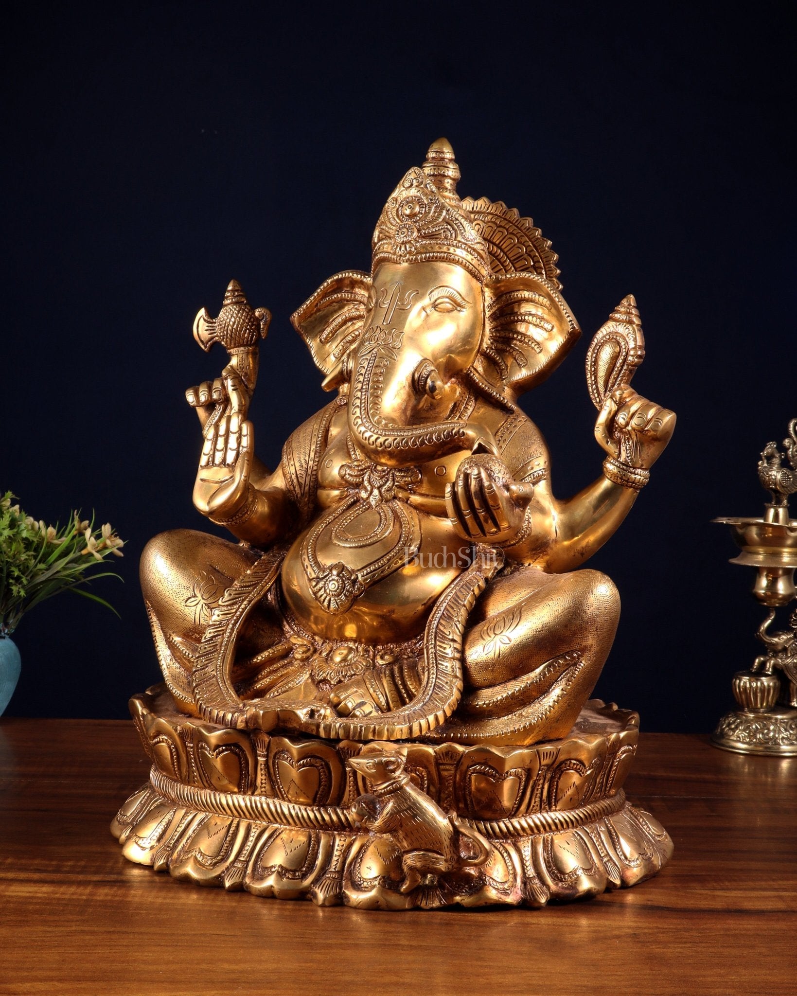 Brass Large Lord Ganesha Statue on Lotus Base 14" - Budhshiv.com