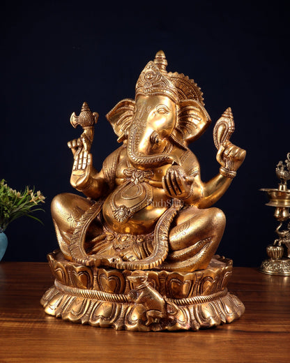 Brass Large Lord Ganesha Statue on Lotus Base 14" - Budhshiv.com