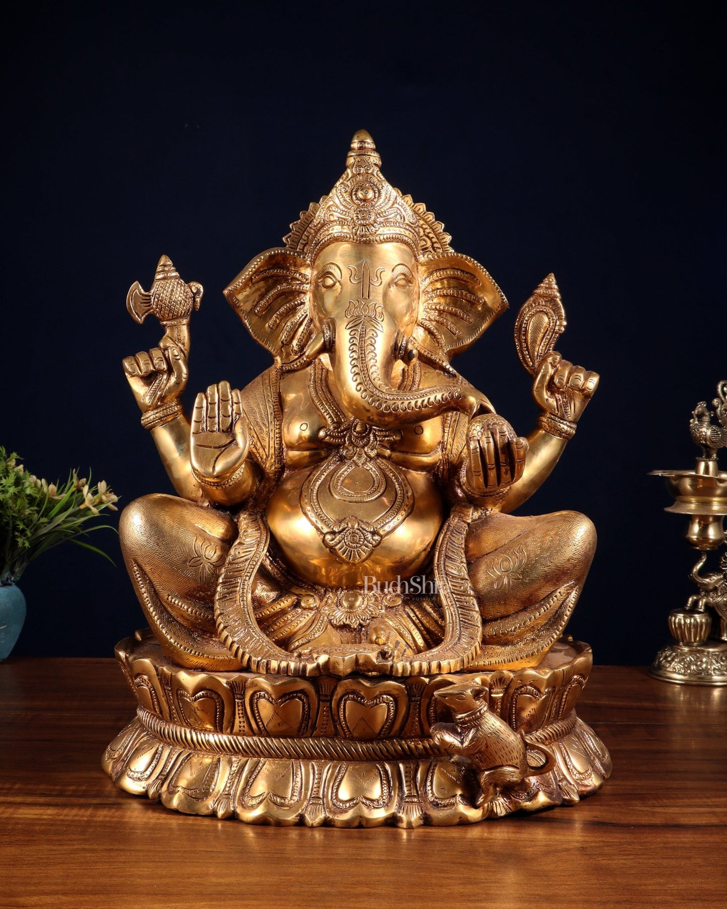 Brass Large Lord Ganesha Statue on Lotus Base 14" - Budhshiv.com