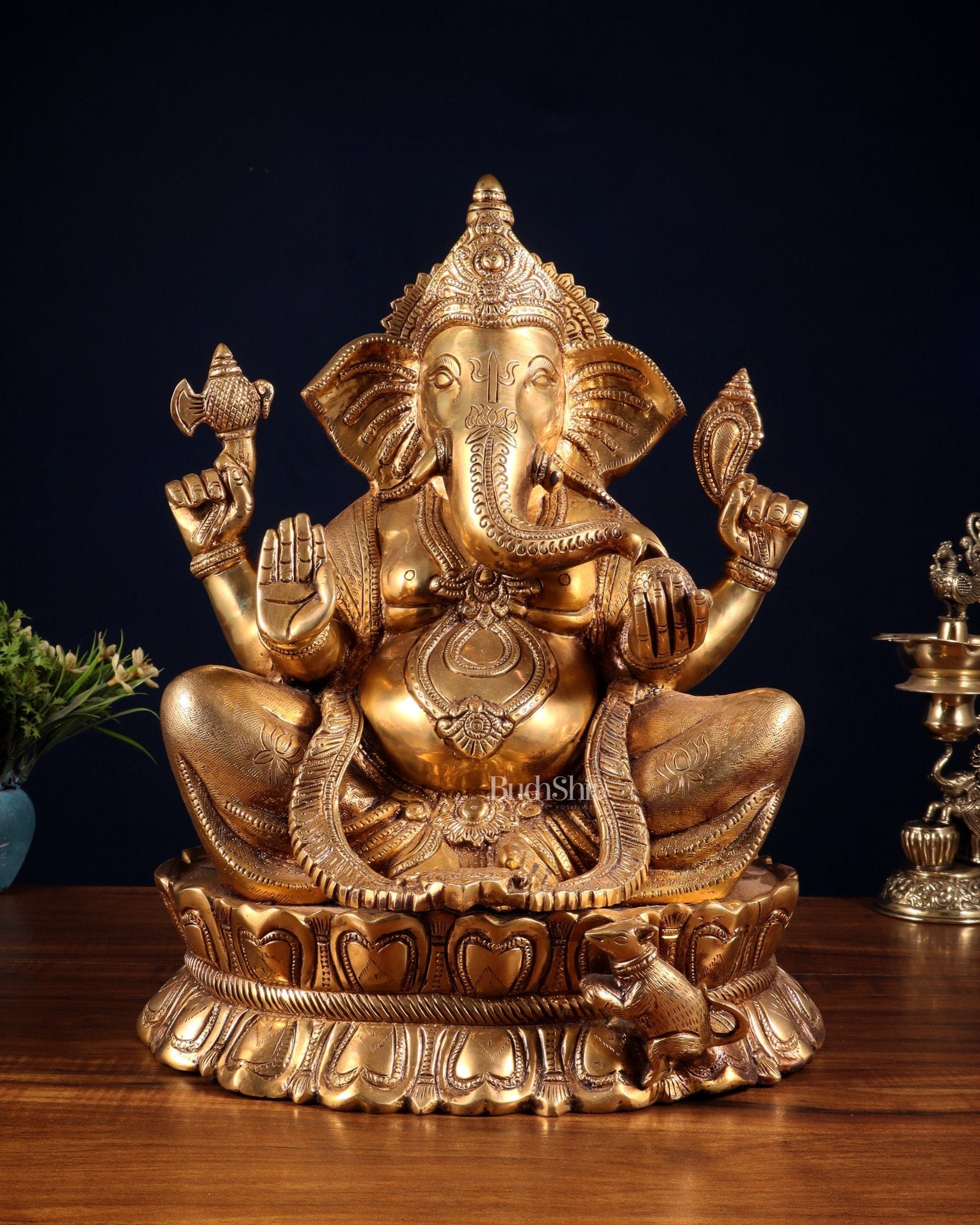Brass Large Lord Ganesha Statue on Lotus Base 14" - Budhshiv.com
