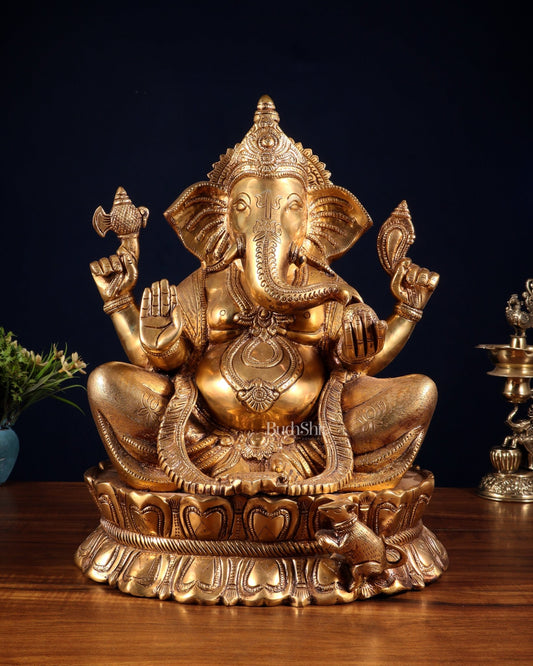 Brass Large Lord Ganesha Statue on Lotus Base 14" - Budhshiv.com