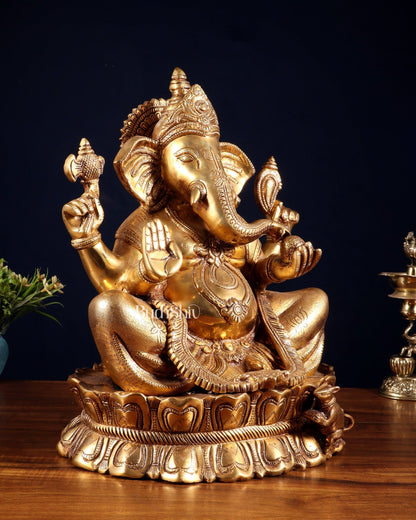 Brass Large Lord Ganesha Statue on Lotus Base 14" - Budhshiv.com