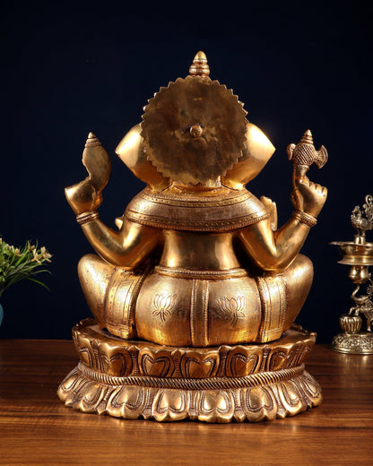Brass Large Lord Ganesha Statue on Lotus Base 14" - Budhshiv.com