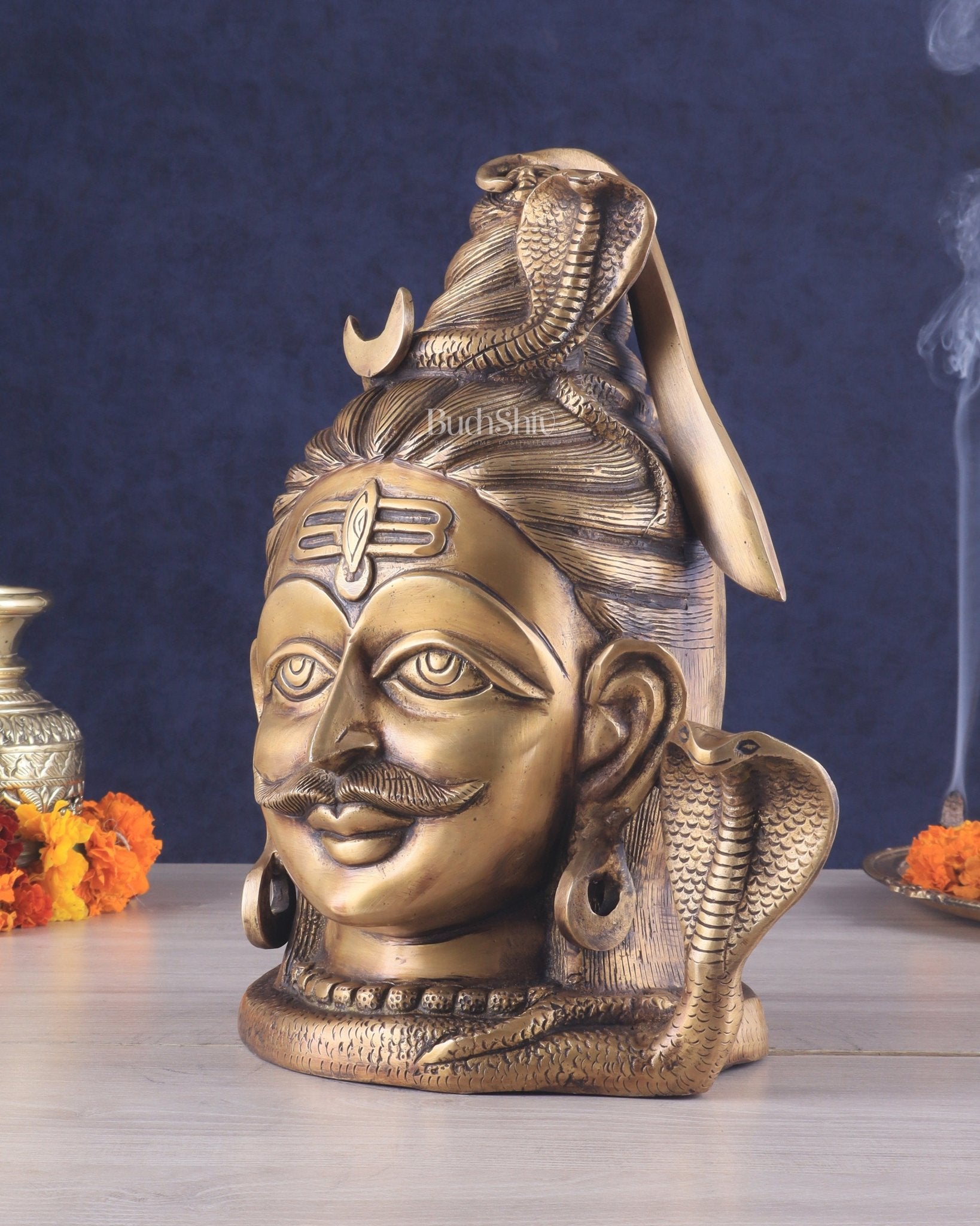 Brass Large Lord Shiva Face Mahakaal Mukhalingam Statue 12" - Budhshiv.com