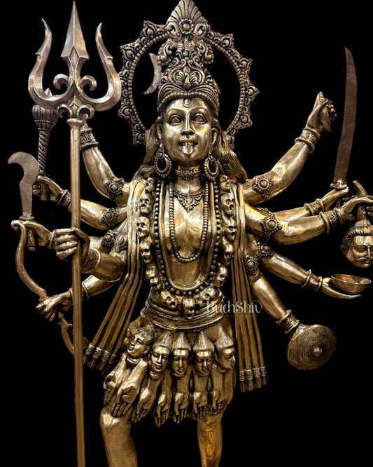 Brass Large Maha Kali Dashabhuja Sculpture – Massive Temple Masterpiece 6'10" (82 inch) - Budhshiv.com
