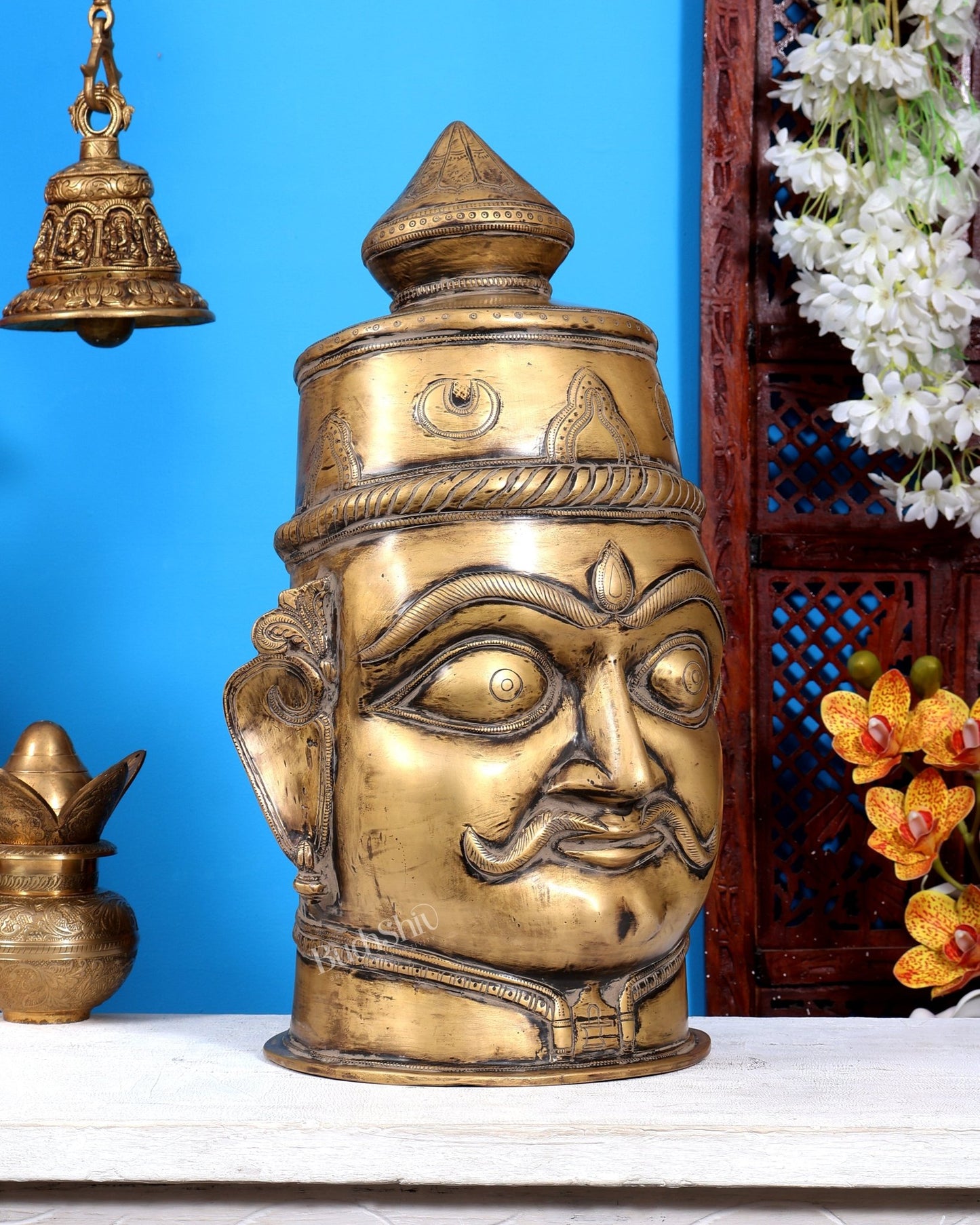Brass Large Mahakaal Face Statue 20 inch rustic patina - Budhshiv.com