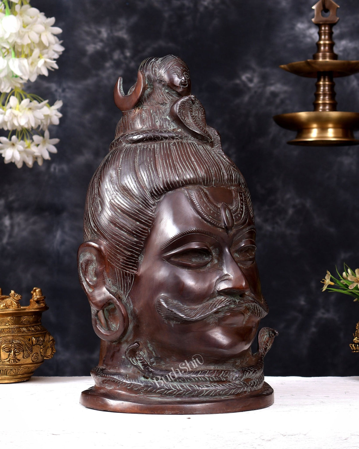 Brass Large Mahakaal Shiva Face Mukhalingam — Vintage Copper Patina 14.5 inch - Budhshiv.com