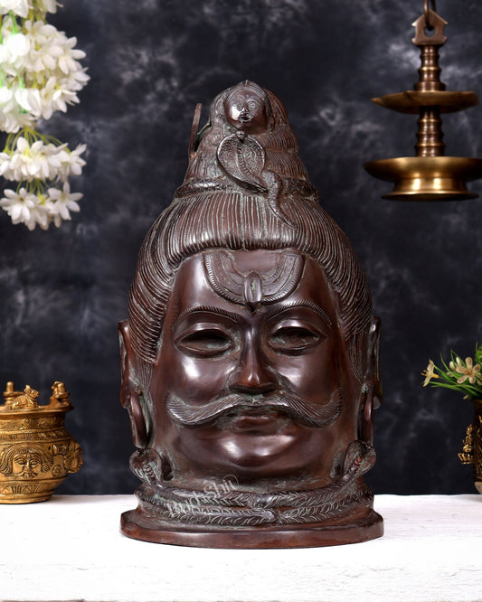 Brass Large Mahakaal Shiva Face Mukhalingam — Vintage Copper Patina 14.5 inch - Budhshiv.com