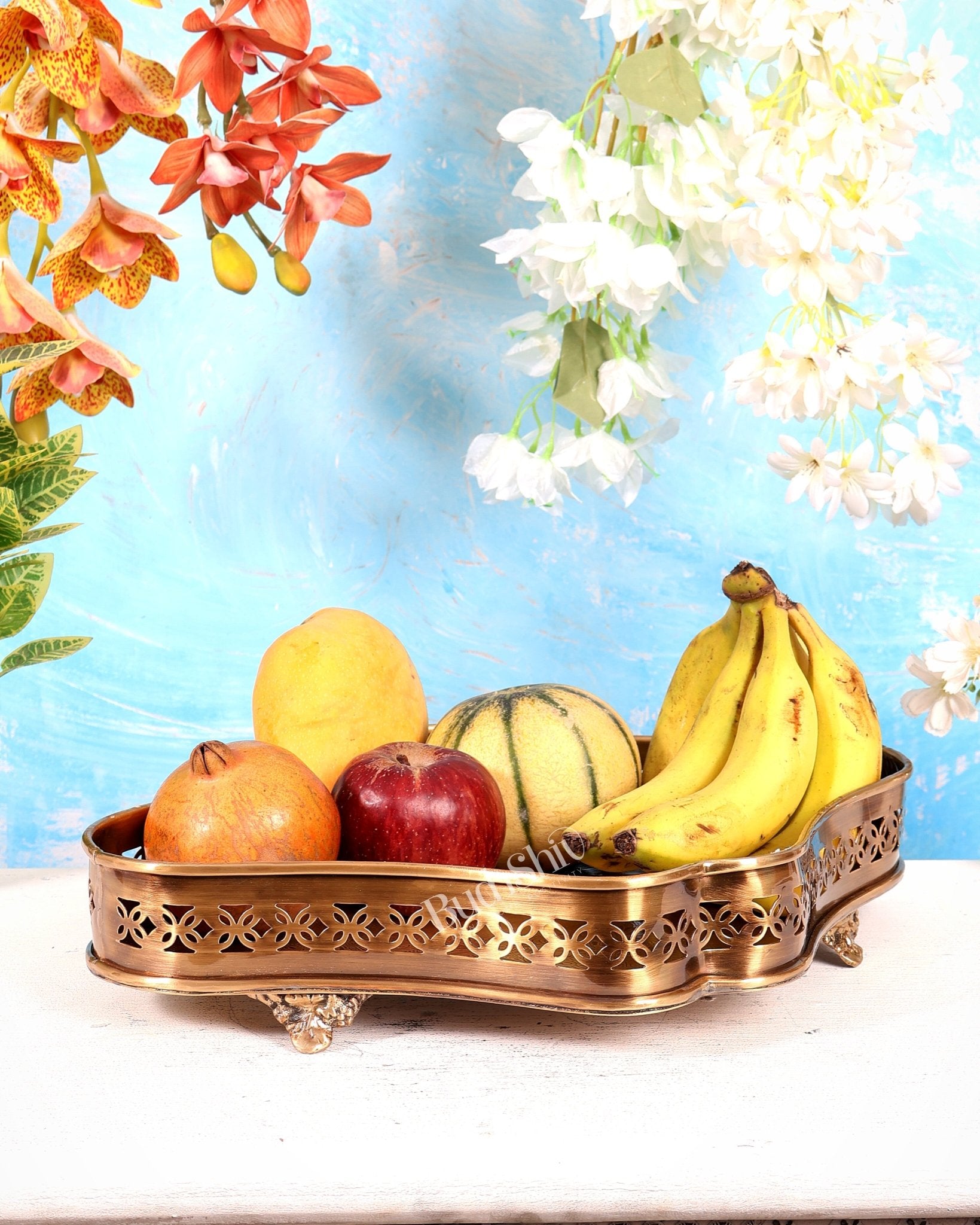 Brass Large Multipurpose Tray – Lightweight Antique Tone Decorative Serving Tray (15.5 Inches) - Budhshiv.com