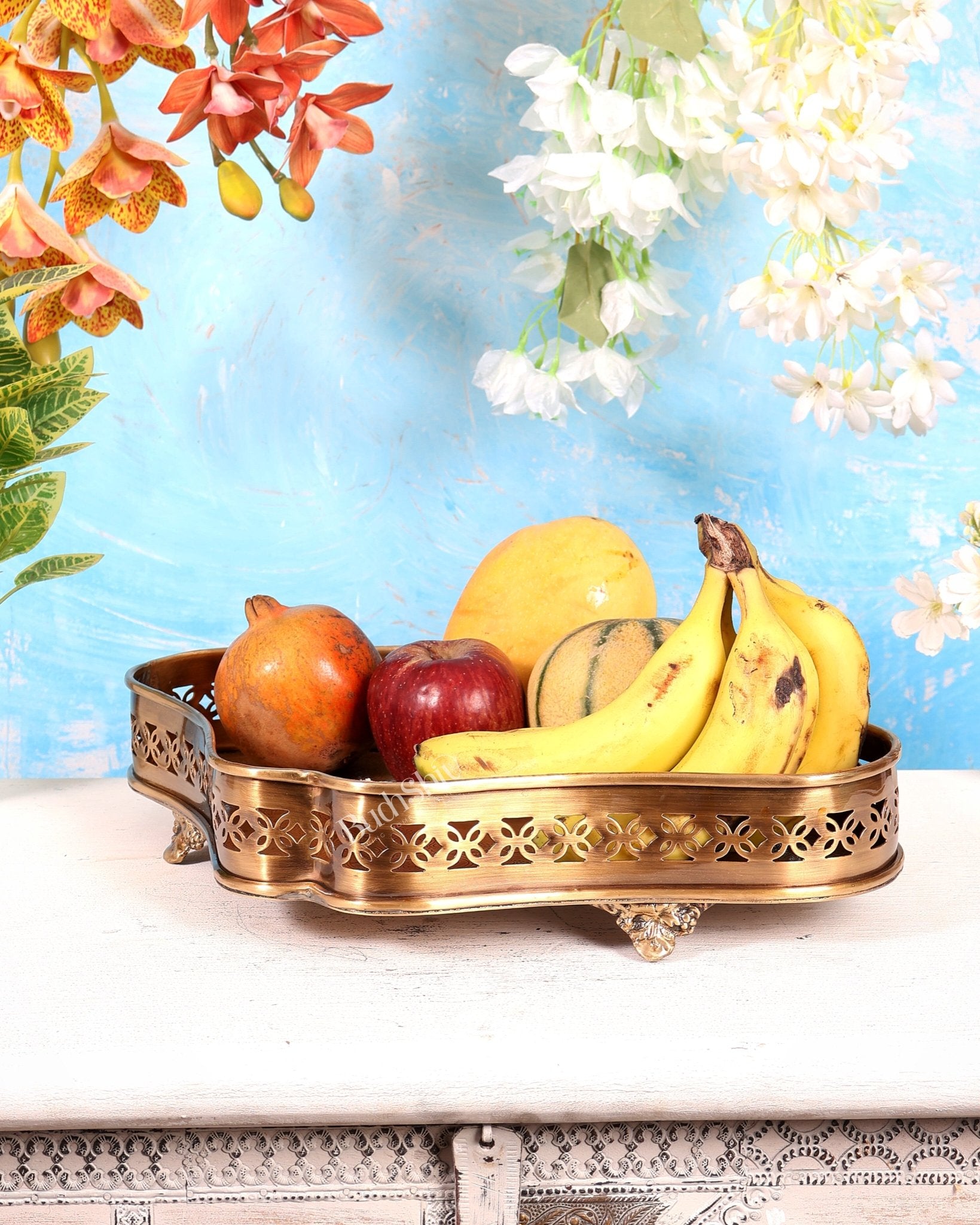 Brass Large Multipurpose Tray – Lightweight Antique Tone Decorative Serving Tray (15.5 Inches) - Budhshiv.com