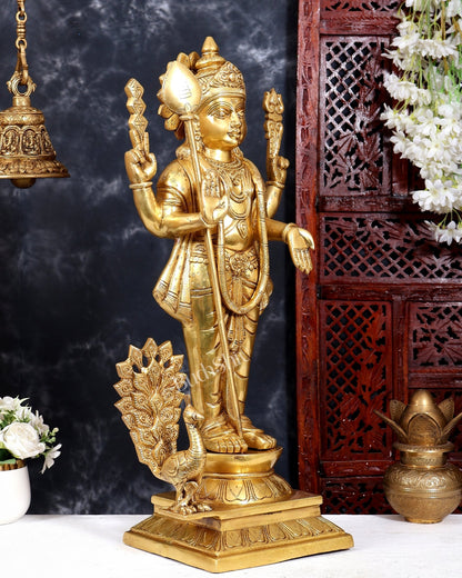 Brass Large Murugan Kartikeya Swamy with Peacock Statue | 25 Inch Pure Brass - Budhshiv.com