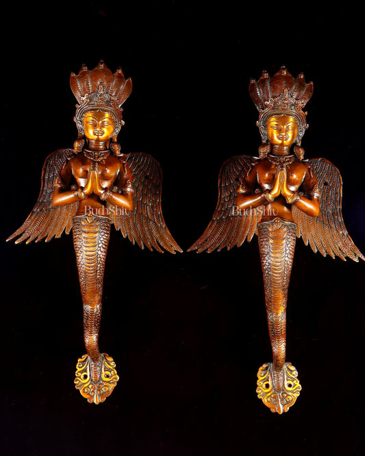 Brass Large Naag Kanya Door Handles – Antique Copper Finish 20" - Budhshiv.com