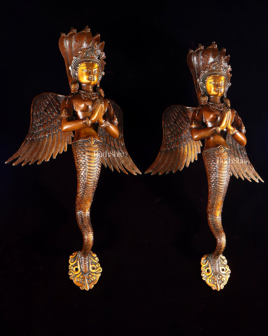 Brass Large Naag Kanya Door Handles – Antique Copper Finish 20" - Budhshiv.com