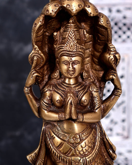 Brass Large Naga Kanya Candle Holder / Candle Stand (Vintage Burnt Brass Tone) 16 inch - Budhshiv.com